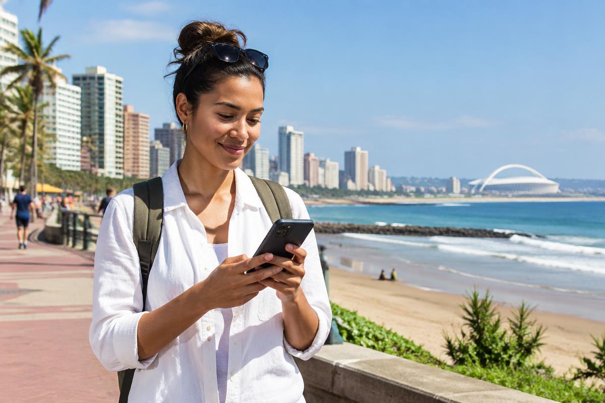Visitor using a South Africa travel eSIM on the Durban beachfront