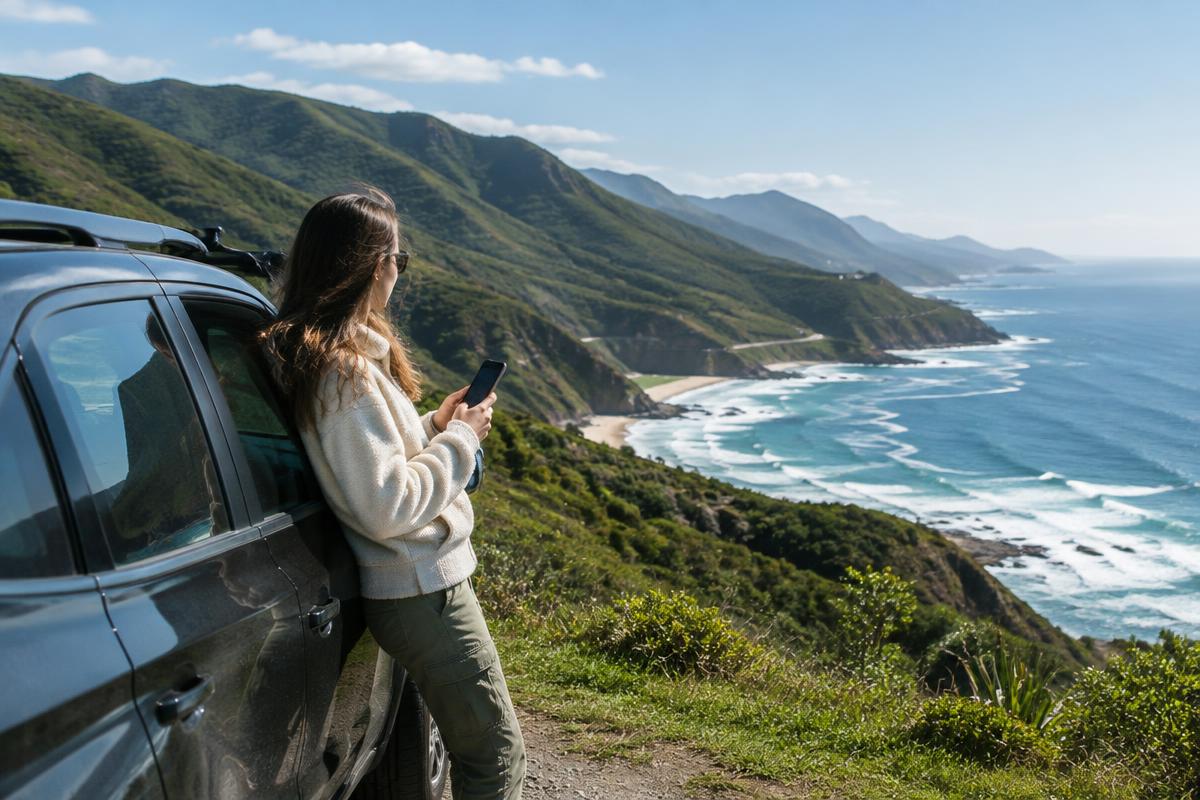 Traveler checking mobile coverage during a Garden Route road trip