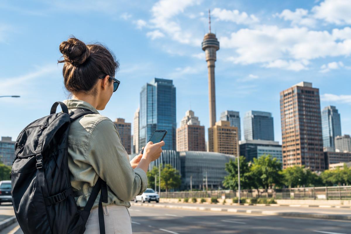Traveler using mobile internet with a South Africa eSIM in Johannesburg