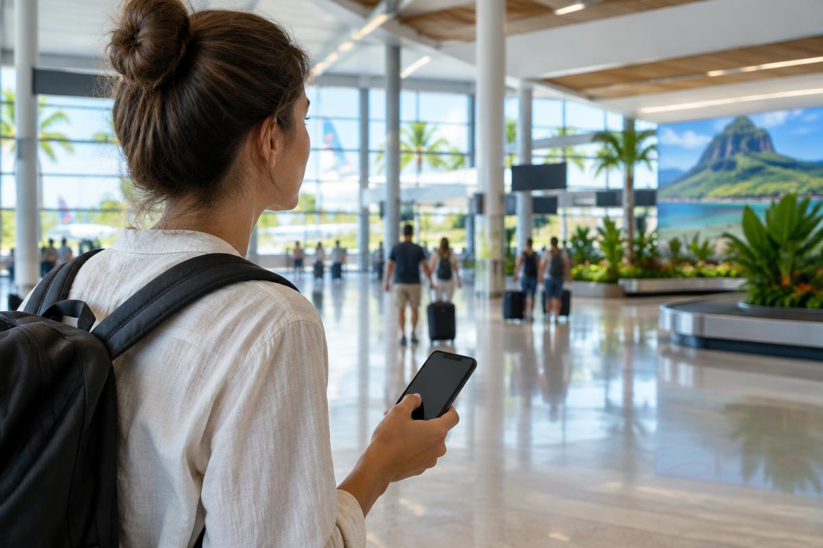 Traveler preparing a mobile connection after arriving at Mauritius airport