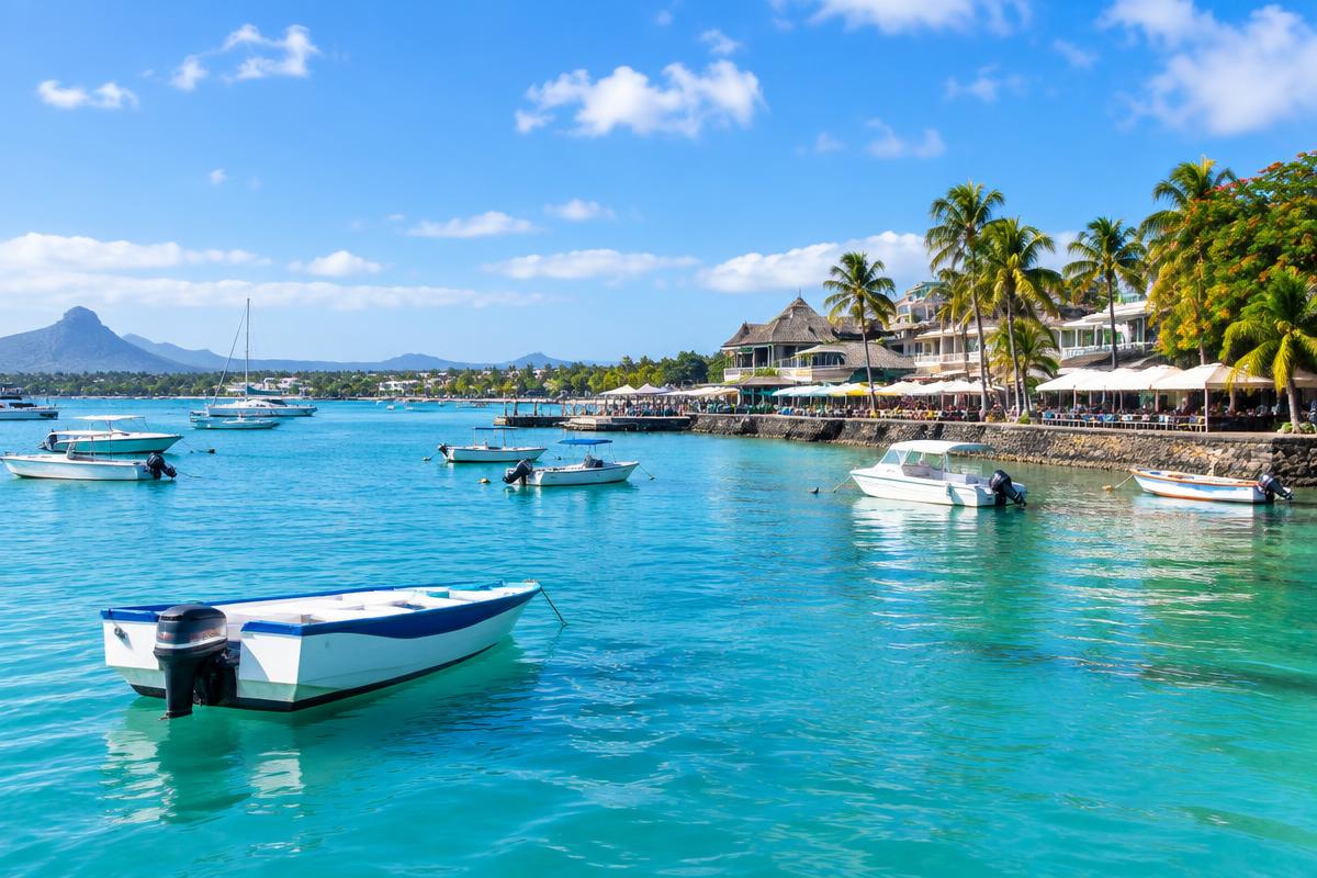 Boats and waterfront restaurants in Grand Baie Mauritius