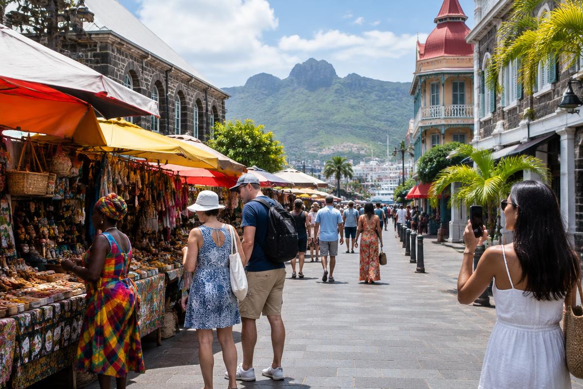 Visitors exploring a colorful market street in Port Louis Mauritius