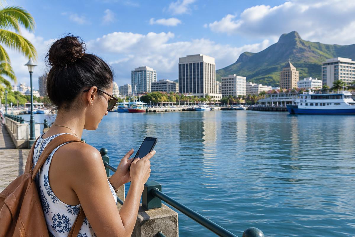 Traveler checking a Mauritius eSIM plan on a smartphone